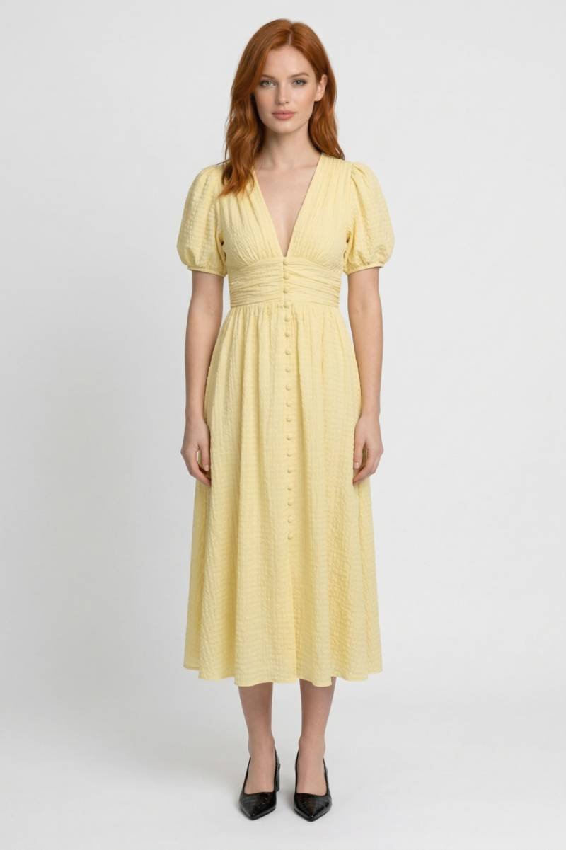Midi Jurk Dames - Elegant met Pofmouwen | V-Hals Knoopsluiting — Geel