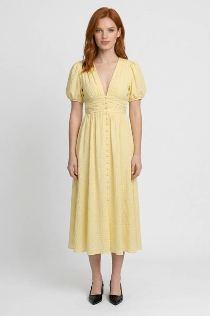 Midi Jurk Dames - Elegant met Pofmouwen | V-Hals Knoopsluiting — Geel