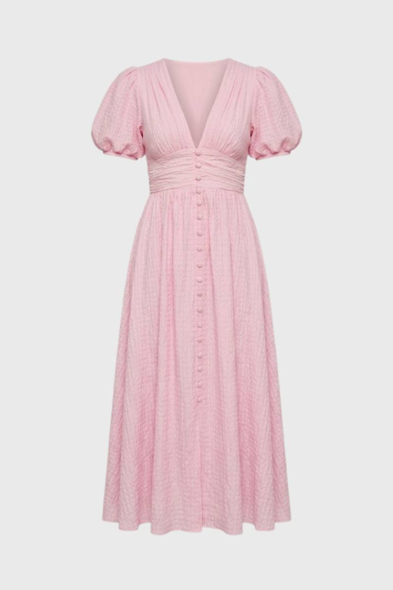Midi Jurk Dames - Elegant met Pofmouwen | V-Hals Knoopsluiting — Lichtroze
