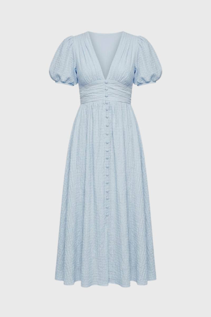 Midi Jurk Dames - Elegant met Pofmouwen | V-Hals Knoopsluiting — Lichtblauw