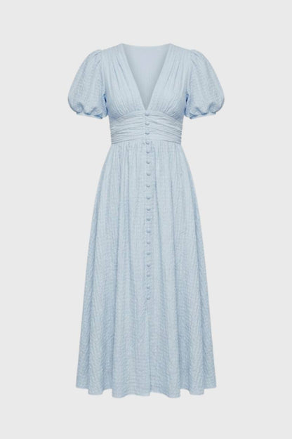 Midi Jurk Dames - Elegant met Pofmouwen | V-Hals Knoopsluiting — Lichtblauw