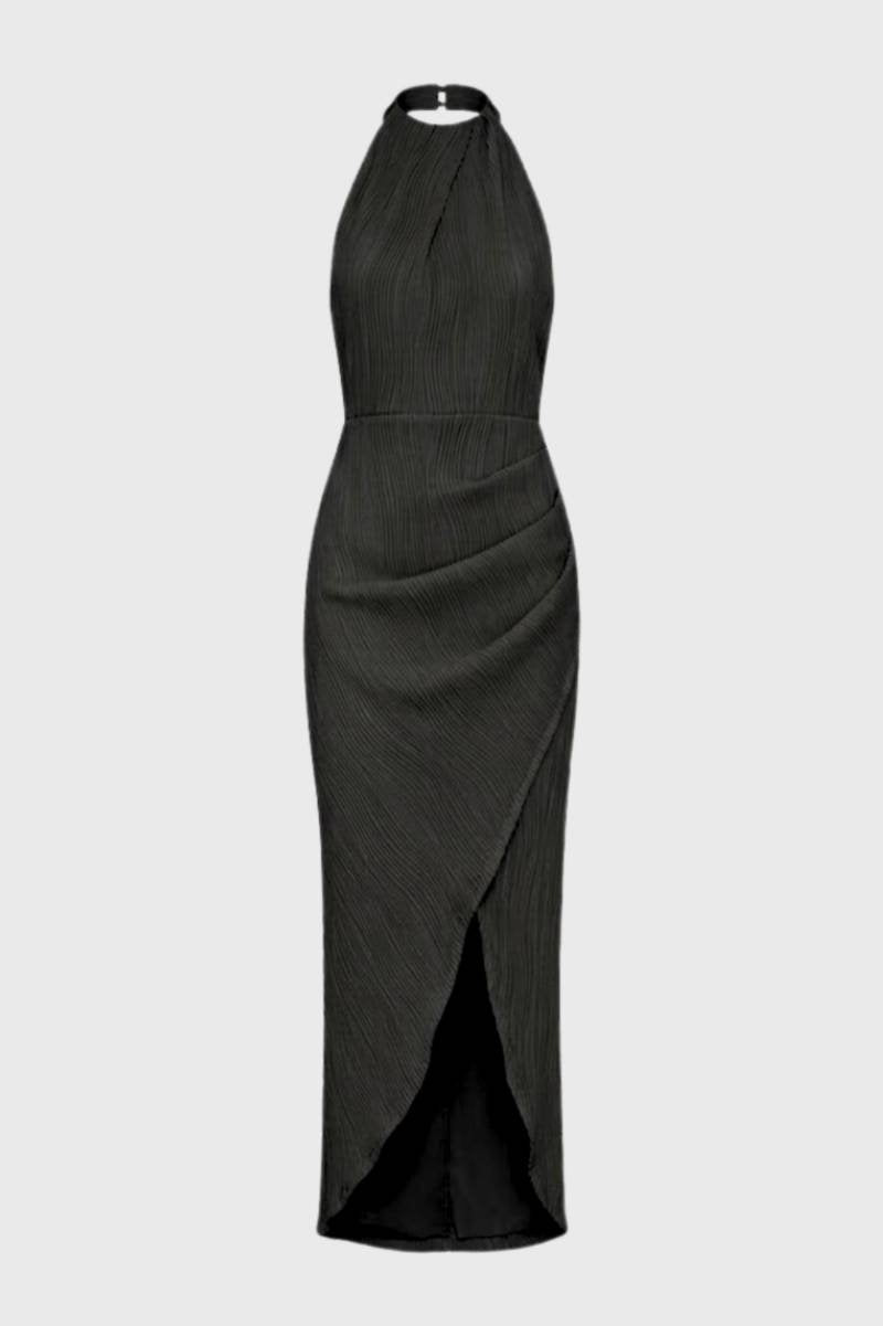 Midi Jurk Dames - Halter met Split | Getailleerde Pasvorm - Olijfgroen