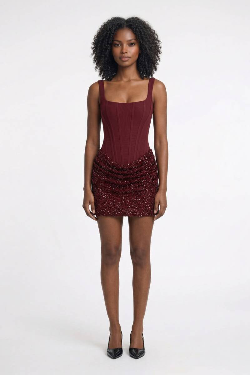 Mini Jurk Dames - Bodycon Bandeau met Pailletten | Glitter - Bordeaux