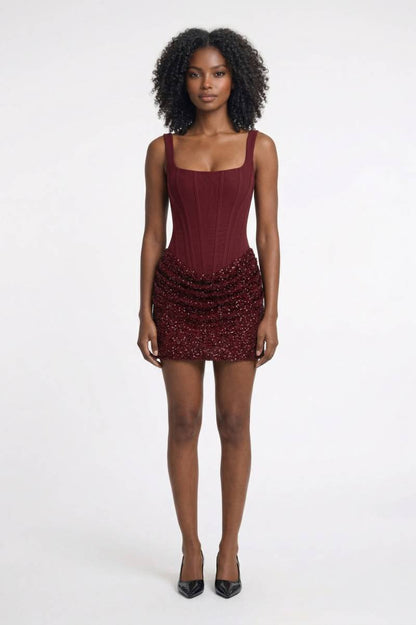 Mini Jurk Dames - Bodycon Bandeau met Pailletten | Glitter - Bordeaux