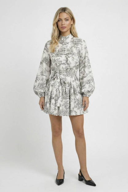 Mini Jurk Dames - Elegant met Ballonmouwen | Ceintuur — Toile Grijs
