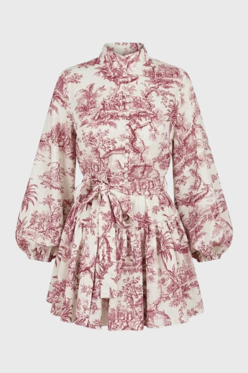 Mini Jurk Dames - Elegant met Ballonmouwen | Ceintuur — Toile Roze