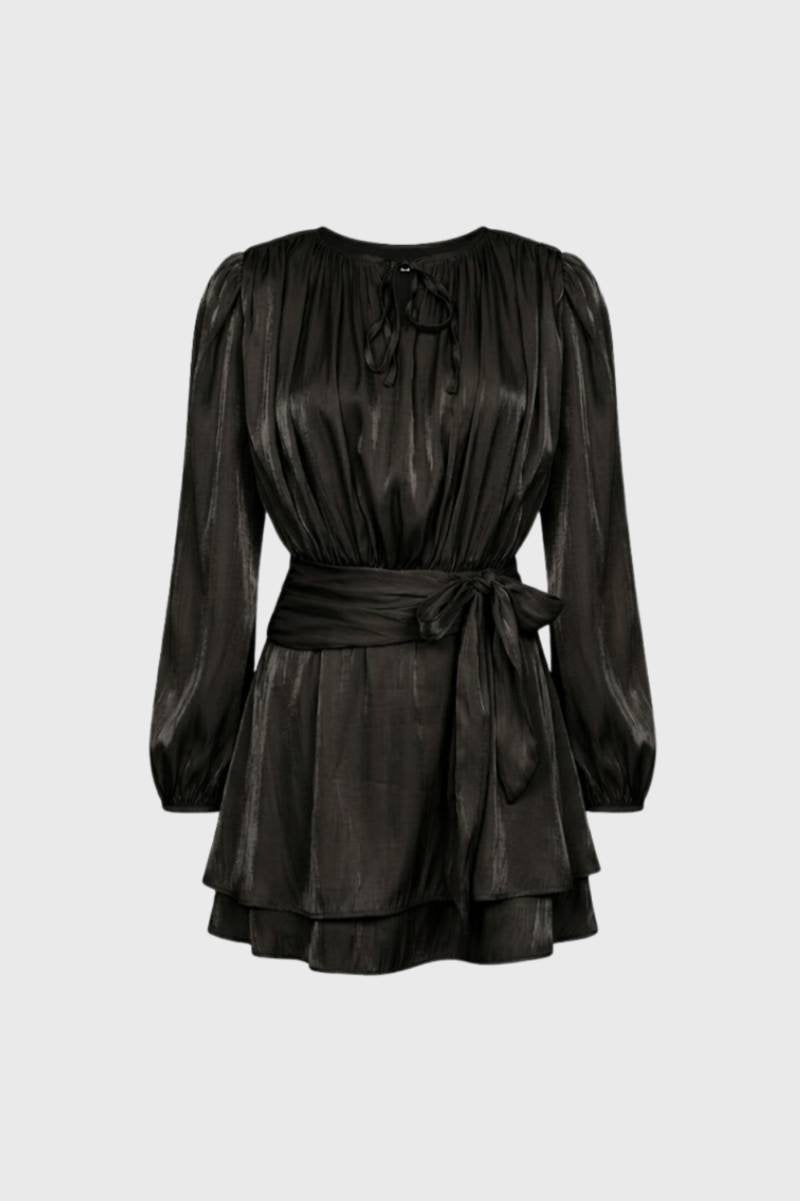 Mini Jurk Dames - Elegant met Strikceintuur | Geplooide Mouwen — Zwart