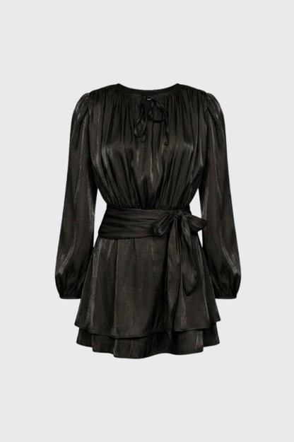 Mini Jurk Dames - Elegant met Strikceintuur | Geplooide Mouwen — Zwart