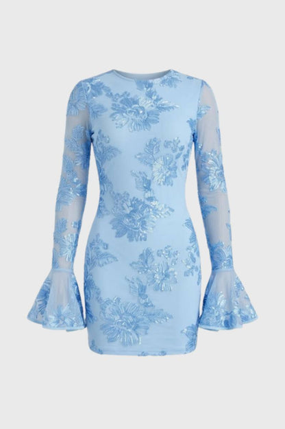 Dames Jurk Mini - Elegante Bloemenprint Jurk met Doorschijnende Mouwen - StudioMarella