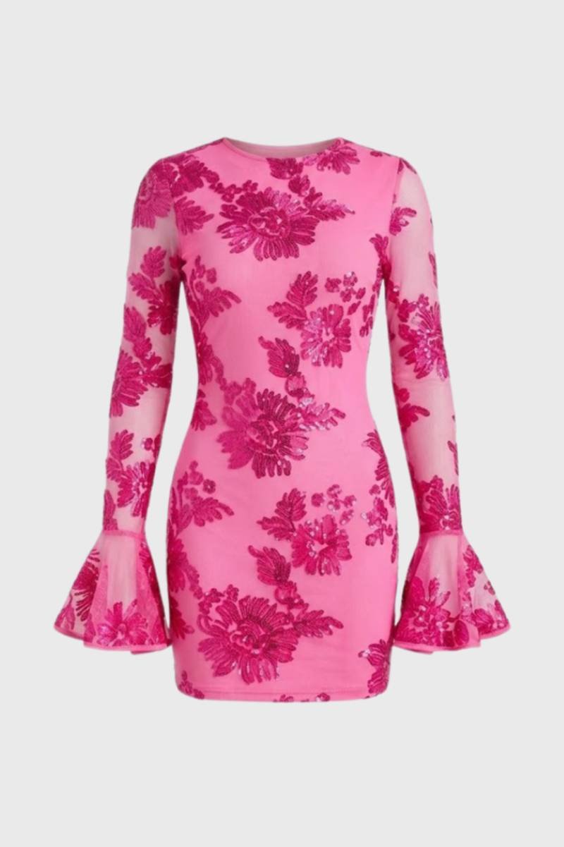 Mini Jurk Dames - Elegante Bloemenprint met Transparante Mouwen - Bloemen Felroze