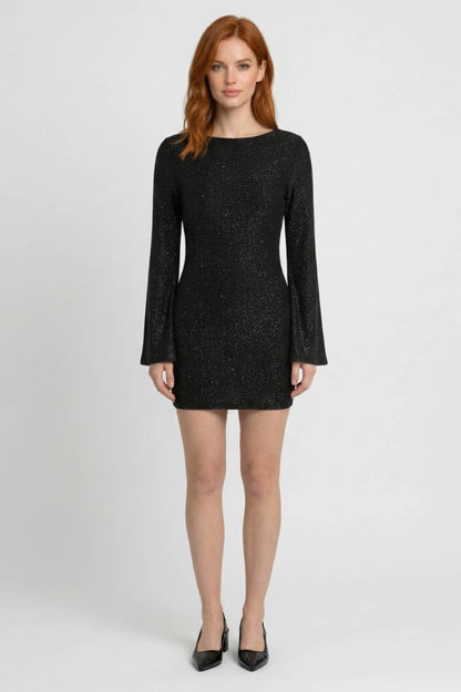 Mini Jurk Dames - Glitter met Wijde Mouwen | Feestelijk - Zwart