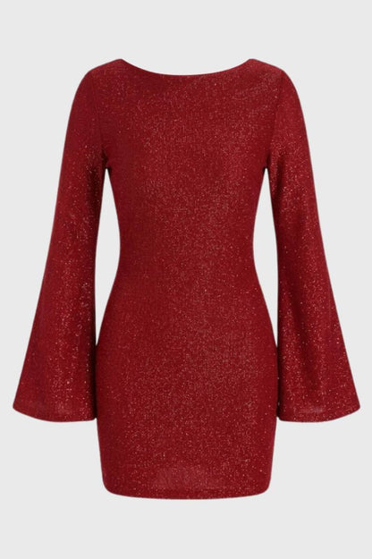 Mini Jurk Dames - Glitter met Wijde Mouwen | Feestelijk - Wijnrood