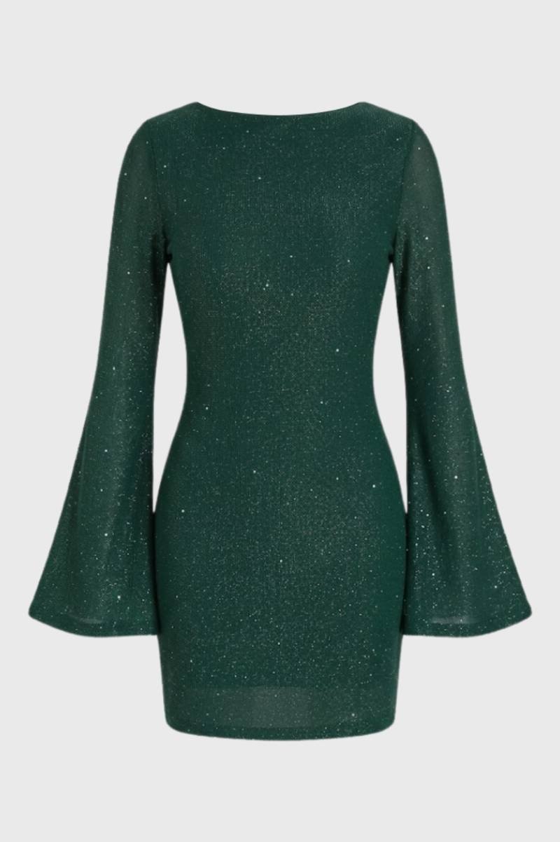 Mini Jurk Dames - Glitter met Wijde Mouwen | Feestelijk - Donkergroen