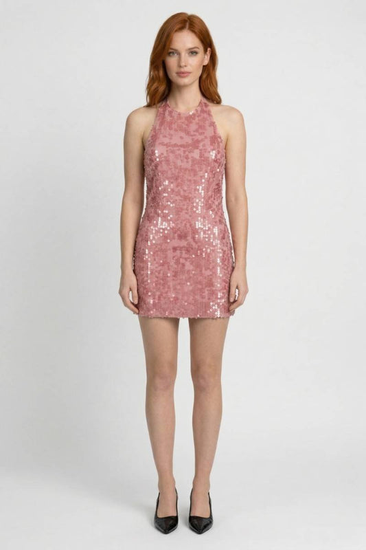 Feestelijke Mini Jurk Dames met Pailletten en Halterneck - StudioMarella