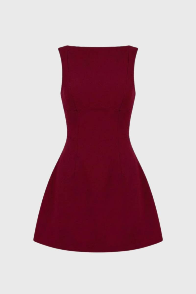 Mini Jurk Dames - Mouwloos A-Lijn met Boothals | Getailleerd - Bordeaux