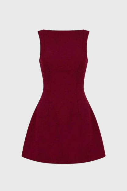 Mini Jurk Dames - Mouwloos A-Lijn met Boothals | Getailleerd - Bordeaux