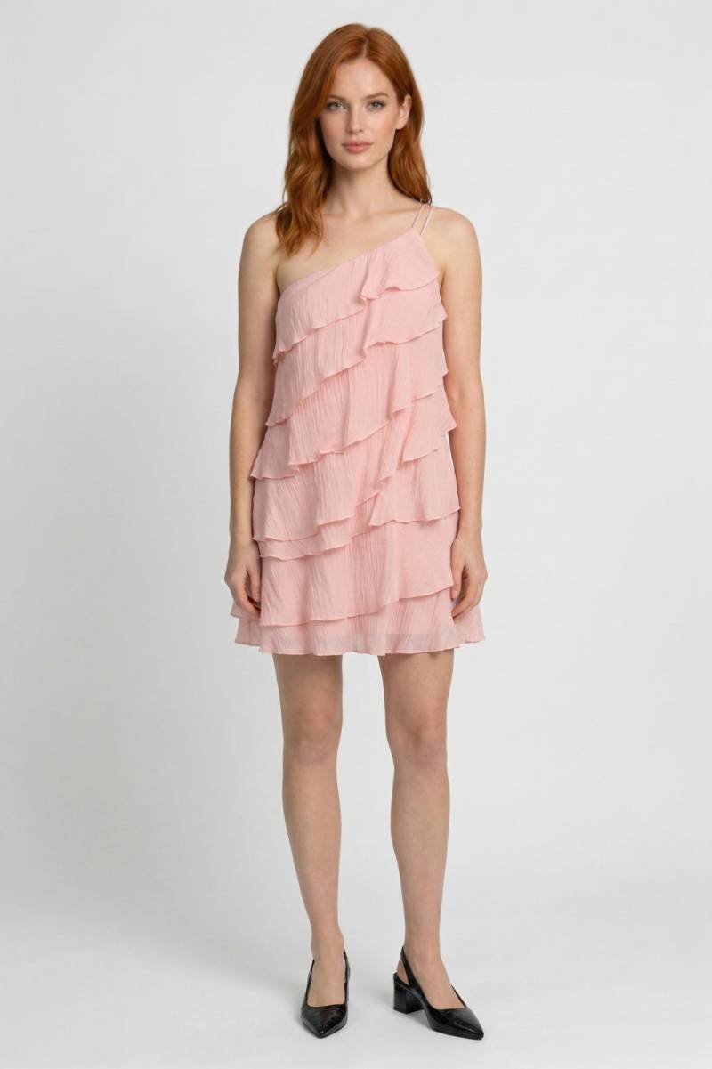 Mini Jurk Dames - One Shoulder met Ruffles | Speelse Laagjes — Roze