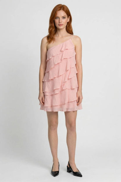 Mini Jurk Dames - One Shoulder met Ruffles | Speelse Laagjes — Roze