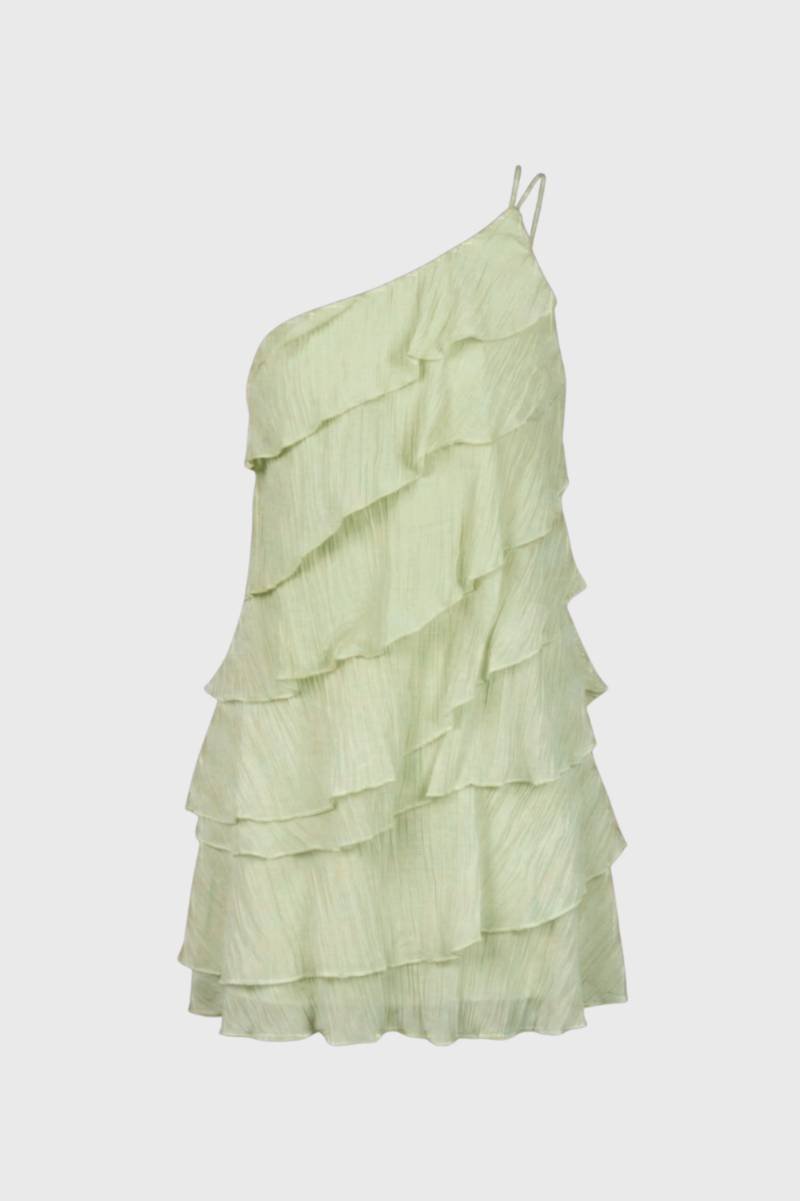 Mini Jurk Dames - One Shoulder met Ruffles | Speelse Laagjes — Lichtgroen