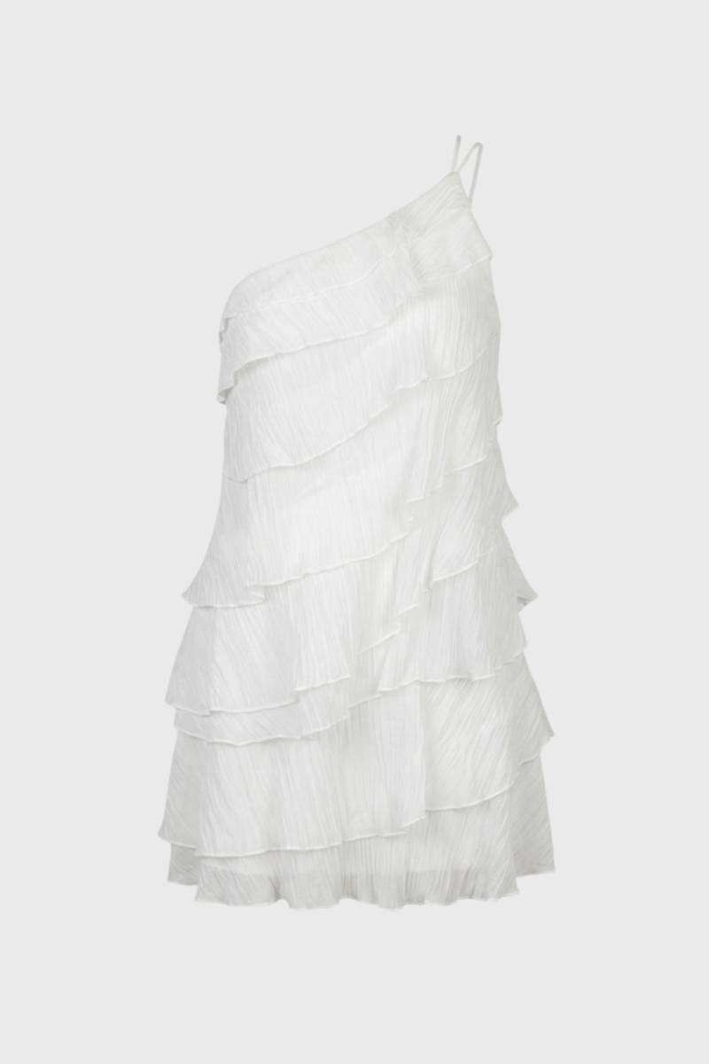 Mini Jurk Dames - One Shoulder met Ruffles | Speelse Laagjes — Wit