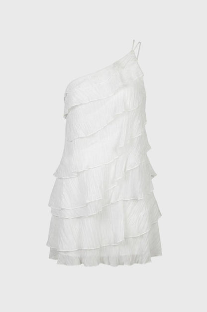 Mini Jurk Dames - One Shoulder met Ruffles | Speelse Laagjes — Wit
