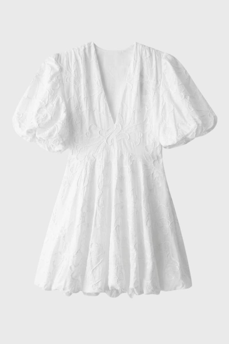 Witte Jurk Dames met Pofmouwen en Diepe V-hals - StudioMarella