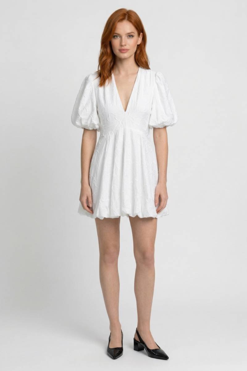 Mini Jurk Dames - Pofmouwen Diep V-hals | Witte Broderie - Wit