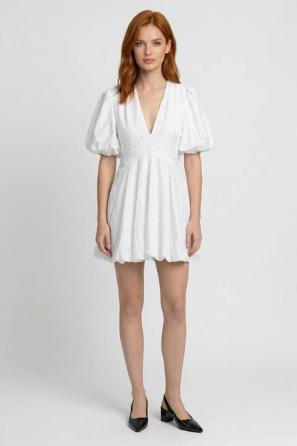 Mini Jurk Dames - Pofmouwen Diep V-hals | Witte Broderie - Wit