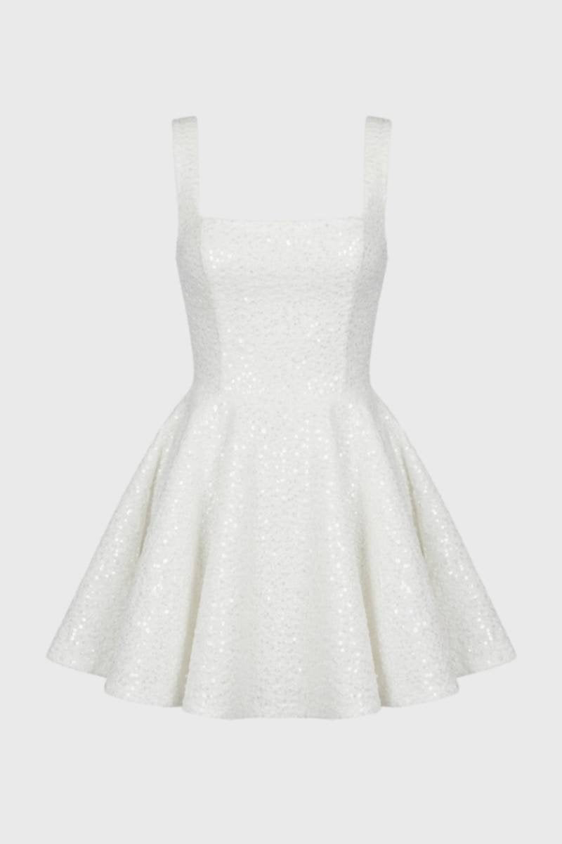 Mini Jurk Dames - Sparkle met Vierkante Hals | A-Lijn - Wit