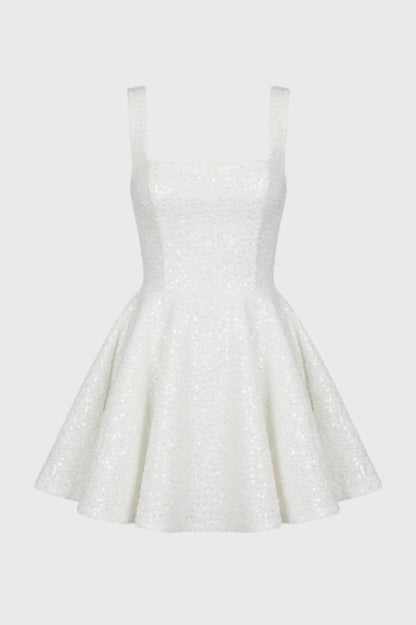 Mini Jurk Dames - Sparkle met Vierkante Hals | A-Lijn - Wit