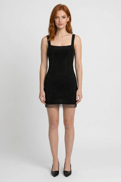 Mini Jurk Dames - Sparkle met Vierkante Hals | Glitter - Zwart