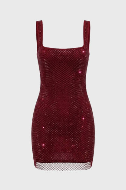 Mini Jurk Dames - Sparkle met Vierkante Hals | Glitter - Bordeaux
