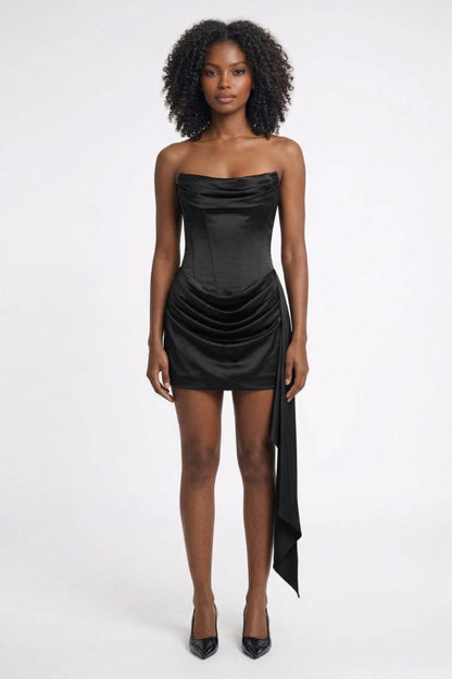 Mini Jurk Dames - Strapless met Asymmetrische Drapering | Chique - Zwart
