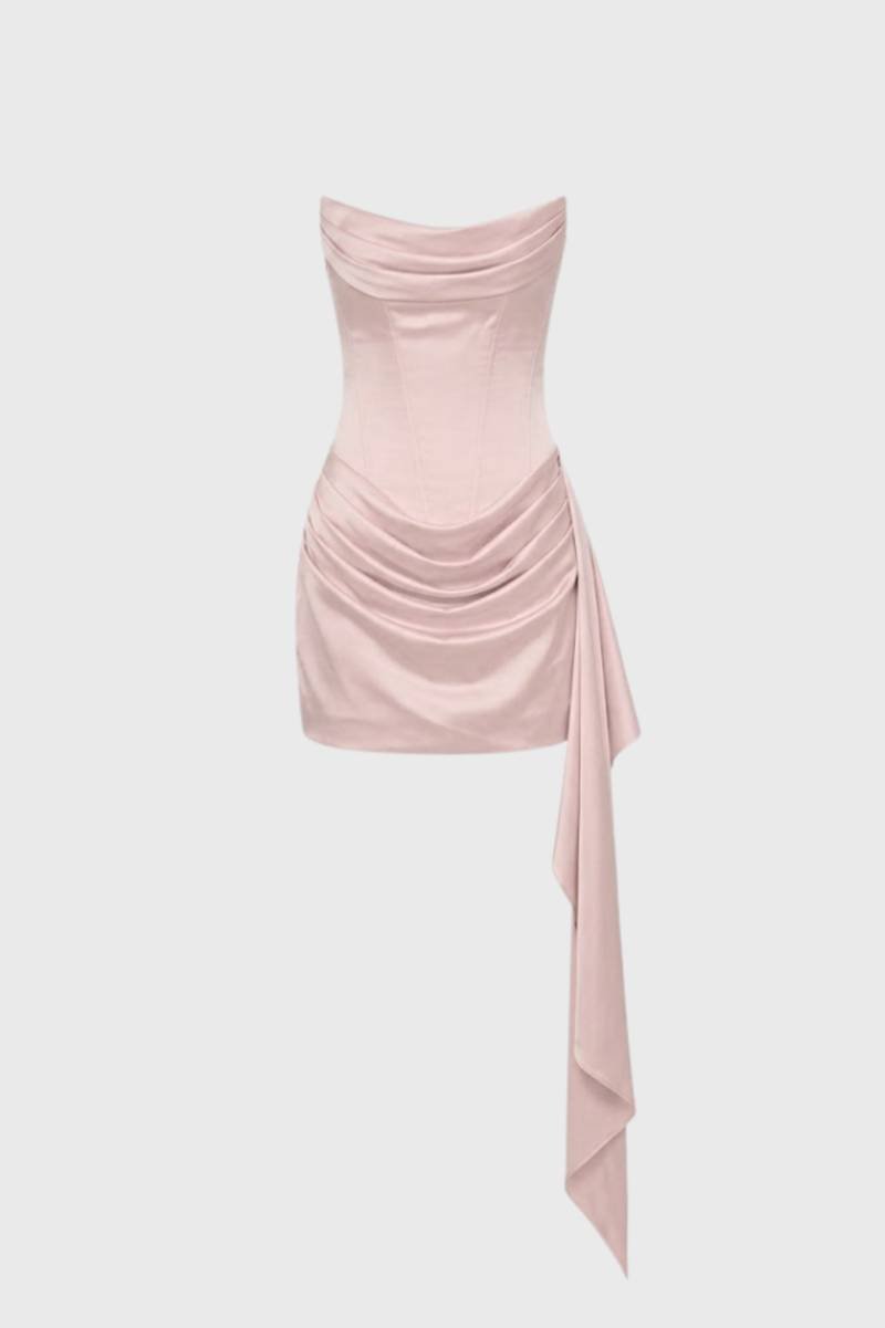 Mini Jurk Dames - Strapless met Asymmetrische Drapering | Chique - Lichtroze