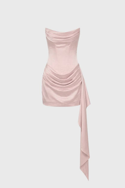 Mini Jurk Dames - Strapless met Asymmetrische Drapering | Chique - Lichtroze