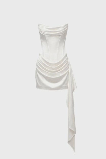 Mini Jurk Dames - Strapless met Asymmetrische Drapering | Chique - Wit