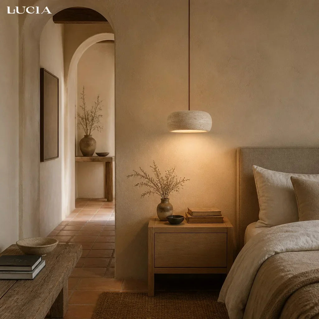 Travertijn Hanglamp Vintage Crème Natuursteen Wabi Sabi Stijl Eetkamer Slaapkamer
