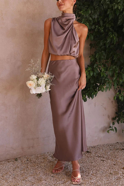 Satijnen Two-Piece Set met Haltertop en Maxi Rok