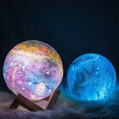 3D Galaxie Maanlamp met Houten Standaard Draadloos Dimbaar Sfeerverlichting Nachtlampje Tafelverlichting 16 Kleuren LED