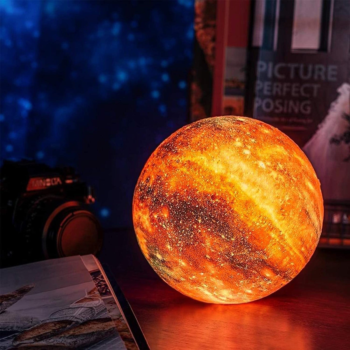 3D Galaxie Maanlamp met Houten Standaard Draadloos Dimbaar Sfeerverlichting Nachtlampje Tafelverlichting 16 Kleuren LED