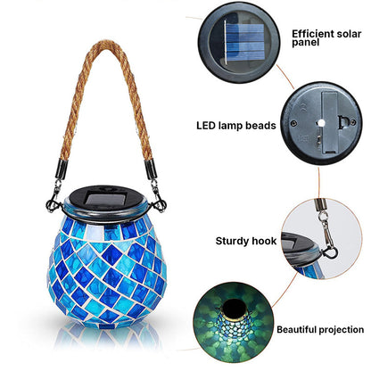 Solar Tuinlamp met Gekleurd Glas – Handgemaakte Lantaarn met Mozaïek Lichteffect voor Sfeervol Buitendecor