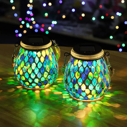 Solar Tuinlamp met Gekleurd Glas – Handgemaakte Lantaarn met Mozaïek Lichteffect voor Sfeervol Buitendecor