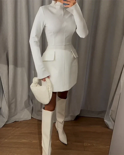 Dames Mini Jurk Lange Mouw Hoge Hals Elegante Stijl