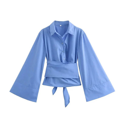 Vrouwelijke Kimono Blouse met Brede Strik en V-Neck