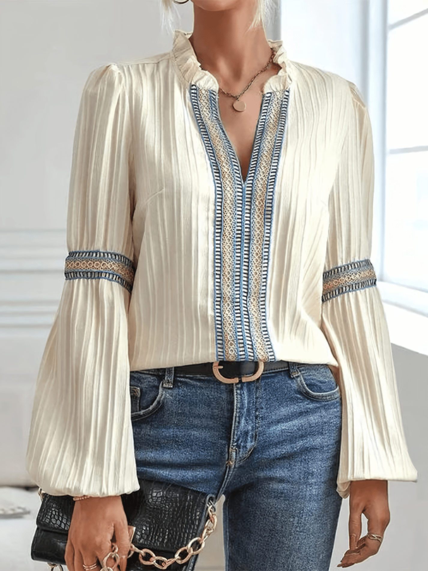 Dames Blouse Lange Mouwen Fijne Plooien Elegant