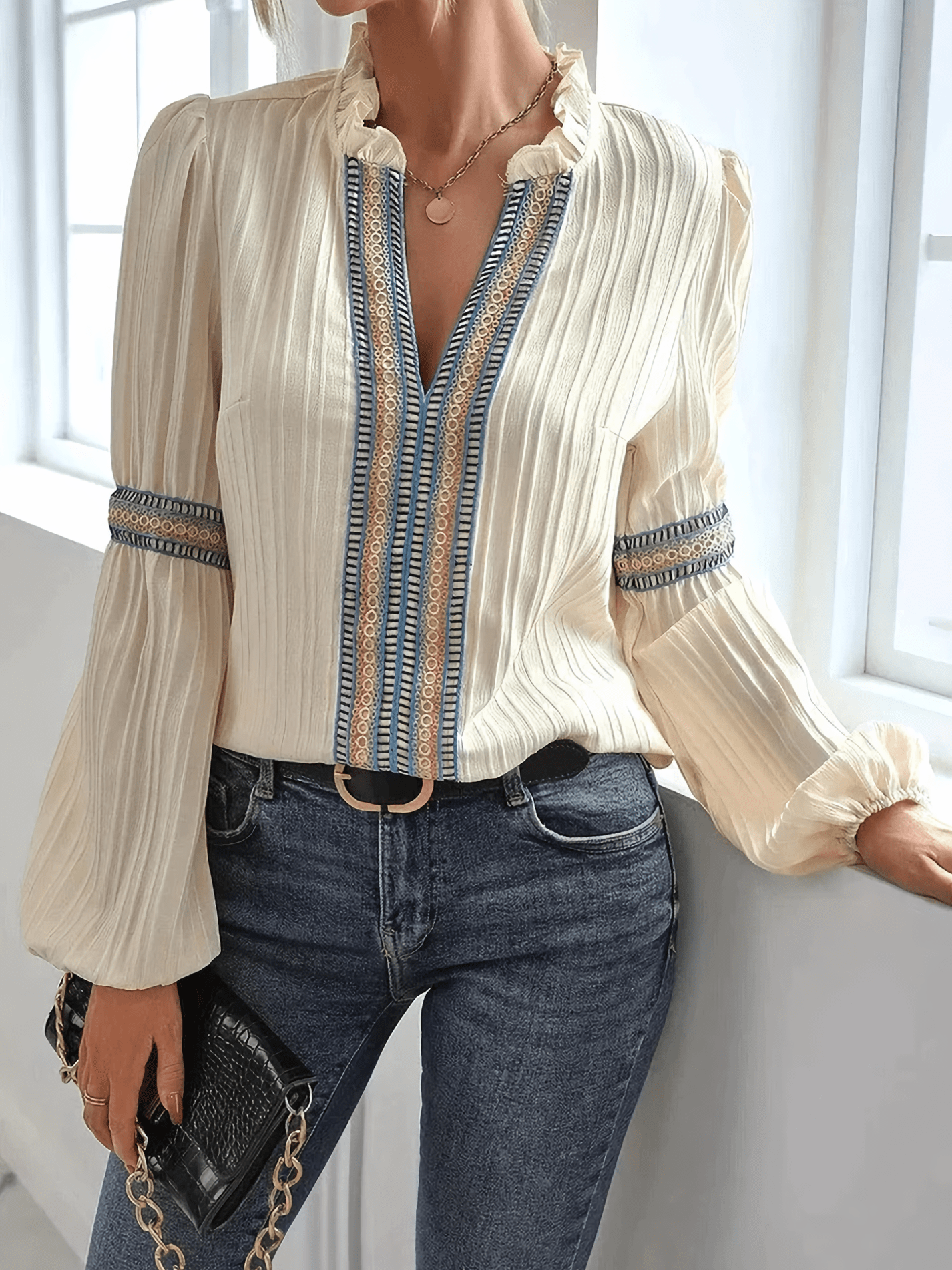 Dames Blouse Lange Mouwen Fijne Plooien Zwart Wit