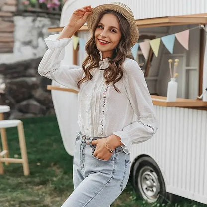 Dames Blouse met Kant en Ruches Voor Vrouwelijke Stijl - StudioMarella