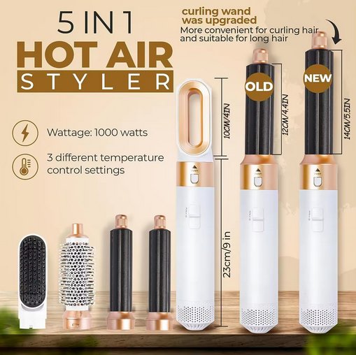 Professionele 5-in-1 airstyler met opzetstukken en luchttechnologie voor drogen, krullen, volume en glad haar