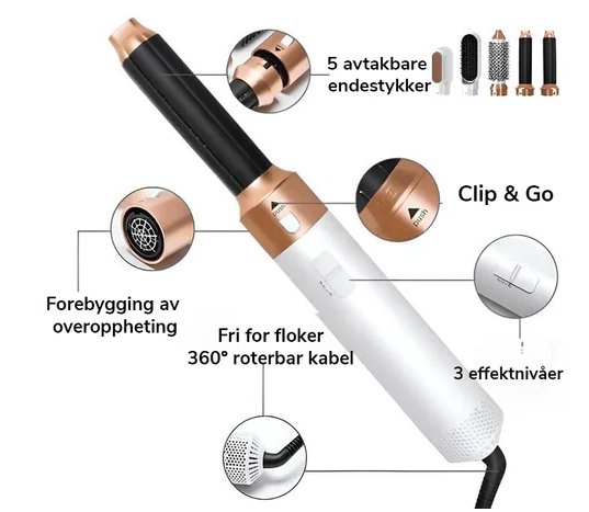 Professionele 5-in-1 airstyler met opzetstukken en luchttechnologie voor drogen, krullen, volume en glad haar