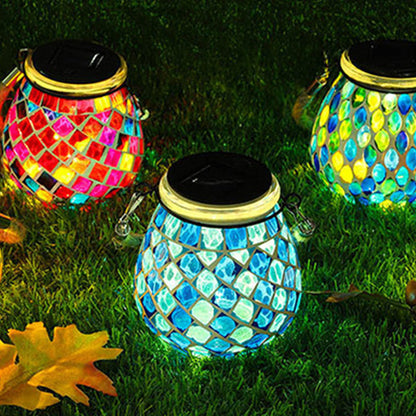 Solar Tuinlamp met Gekleurd Glas – Handgemaakte Lantaarn met Mozaïek Lichteffect voor Sfeervol Buitendecor